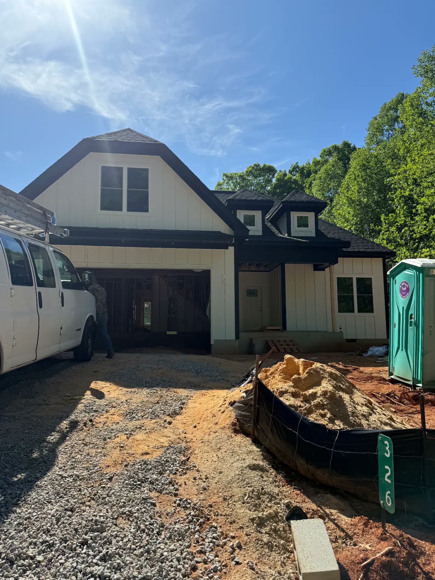 Front elevation of a new build painted cream with bold black accents